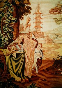 Asien, aus einem Wandteppich der vier Ecken der Welt, Detail der Figuren links, vor der Pagode (Detail)