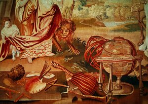 Europa, aus einem Wandteppich der vier Ecken der Welt, Detail der Musikinstrumente unten rechts, Anfang des 18. Jahrhunderts