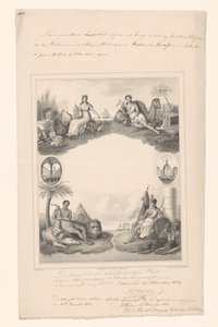 Entwurf für eine Titelseite mit Personifikationen der vier Kontinente von A. Bakker