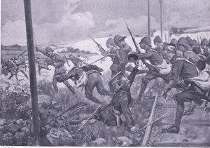 Angriff der Scots Fusiliers bei Frederikstad, Illustration aus After Pretoria: The Guerilla War, 1902 von A. C. Ball