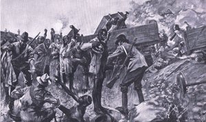 Das Entgleisen des Zuges bei Taaibosch, aus After Pretoria: Der Guerillakrieg veröffentlicht von Harmsworth Bros Limited, 1901 von A. C. Ball