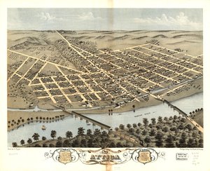 Vogelperspektive der Stadt Attica, Fountain County, Indiana 1869 von A.; Chicago Lithographing Co. Ruger