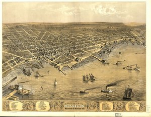 Vogelperspektive der Stadt Muskegon, Muskegon Co., Michigan 1868