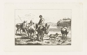 Landschaft mit Hirtin auf Maultier und Hirte mit Kühen von A. Dickhof (signed by artist)