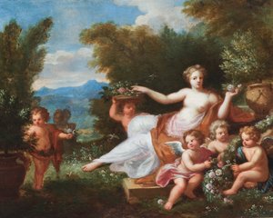 Flora ruht in einer Landschaft mit Putti, die Blumen bringen von A. Diennen