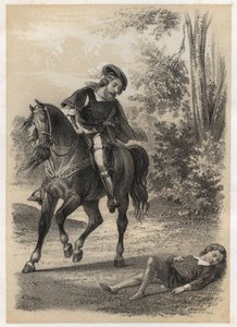 Jacques Amyot (1513-1593), im Alter von 10 Jahren von einem Reisenden gerettet. Gravur von A. Duruy in „Illustrations littéraires de la France; oder, Galerie anecdotique de nos principaux auteurs ints par leurs actions et leurs inscriptions“ von J.B. Maigr