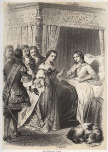 Madame Deshoulieres, Antoinette Ligier de La Garde (1637-1694), überwältigt von Fragen ihres Umfelds nach einer Nacht in Angst vor dem Geist. Gravur von A. Duruy in „Illustrations litteraires de la France; or, Galerie anecdotique de nos pr... von A. Duruy