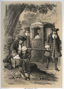 Marie Anne Mancini (1649-1714), Herzogin von Bouillon, trifft eines Morgens in Versailles auf Jean de La Fontaine (Lafontaine), der unter einem Baum sitzt; am Abend findet sie ihn an derselben Stelle. Gravur von A. Duruy in „Illustrations littéraires de la von A. Duruy