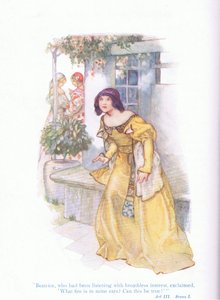 Beatrice, die mit atemloser Spannung zugehört hatte, rief: "Welches Feuer ist in meinen Ohren, kann das wahr sein?" (Viel Lärm um nichts), aus Tales from Shakespeare, veröffentlicht von Ward Lock & Co Ltd