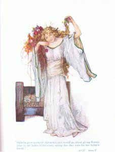 Ophelia wurde völlig verwirrt und ging umher und verschenkte Dinge an die Damen des Hofes (Hamlet), aus Geschichten aus Shakespeare, veröffentlicht von Ward Lock & Co Ltd