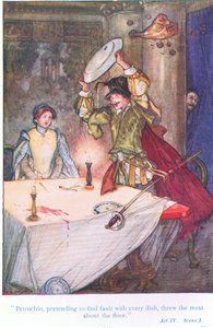 Pettruchio, der vorgab, an jedem Gericht etwas auszusetzen zu haben, warf das Fleisch auf den Boden (Der Widerspenstigen Zähmung), aus Geschichten von Shakespeare, veröffentlicht von Ward Lock & Co Ltd