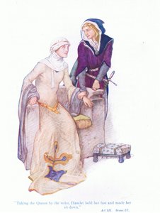 Hamlet packte die Königin am Handgelenk, hielt sie fest und setzte sie hin (Hamlet), aus Tales from Shakespeare, veröffentlicht von Ward Lock & Co Ltd, 1930-40er Jahre