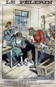 Cabaret Querelle: Karikatur über die Kolonialkriege zwischen England, Deutschland, Frankreich und den Vereinigten Staaten um die Situation in Fachoda in Afrika. Gravur von Lemot in „Le Pèlerin“ vom 23. April 1899 (Die Fachoda-Krise: schwerer diplomatischer
