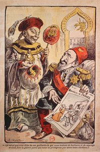 Karikatur, die die Heuchelei und Doppelmoral Westeuropas in ihrer Kritik und ihrem Verhalten gegenüber China und dem Osmanischen Reich anprangert von A Lemot