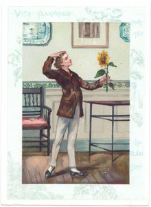 Der Blumenschauer Viktorianische Grußkarte eines Ästheten, der eine Sonnenblume in Ekstase bewundert, ca. 1881 (Farblithografie)