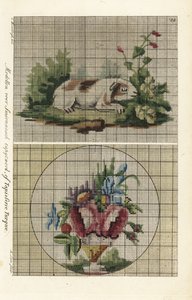 Muster für türkische Wandteppiche: Meerschweinchen in einem Garten und Blumenstrauß in einer Vase