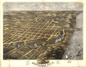 Vogelperspektive von Michigan City, La Porte County, Indiana 1869 von A.; MerchantS Lithographing Company Ruger