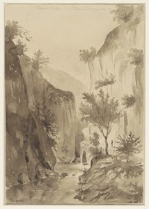 Fluss zwischen bewachsenen Felsen; rechts ein Weg von A. Regnier
