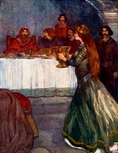 Rowena kam in den Raum und trug einen schönen goldenen Becher, ca. 430 n. Chr., 1905 von A. S. Forrest