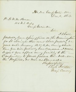 Brief unterschrieben A.S. Norton, Major Commanding, Hauptquartier, Camp Yates, Ill., an 1. Leutnant W.M. Breese, 16. U.S. Infanterie, Camp Gates, Ill., 6. Dezember 1863 von A. S. Norton