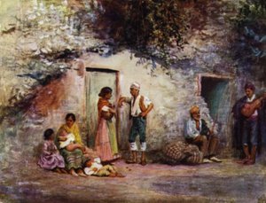 Granada, Zigeuner an den Türen ihrer Höhlen (Farblithografie) von A. Trevor Haddon