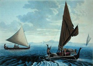 Ansicht der Insel Tinian: Einbaumkanus von den Karolineninseln, aus 