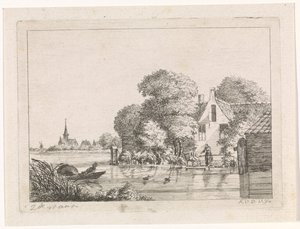 Angler und eine Frau vor einem Haus von A. van de Velde