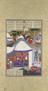 Zal hinterfragt Sams Absichten bezüglich des Hauses von Mihrab, Folio 81v..., ca. 1525-30