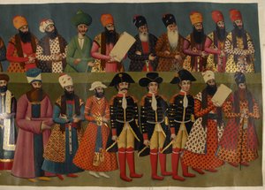 Add Or. 1241 Der Hof von Fath Ali Shah mit den britischen Gesandten Sir John Malcolm, Sir Harford Jones Brydges und Sir Gore Ouseley. Teilbild des Nigaristan-Palast-Wandgemäldes