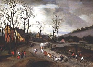 Winterlandschaft mit Bauern beim Kopfweiden schneiden