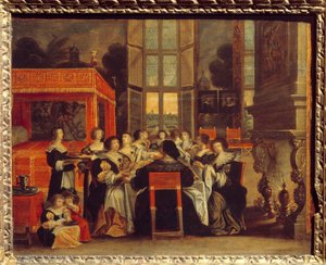 Gespräch der Damen in Abwesenheit ihrer Ehemänner: Abendessen. Gemälde von Abraham Bosse (1602-1676) 17. Jahrhundert von Abraham (after) Bosse