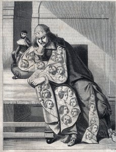 Der mit Bosheit gefüllte Mann: ein Mann mit einem doppelten Mantel aus Frauenköpfen meditiert mit einem Affen an seiner Seite. Reproduktion eines Drucks von Abraham Bosse (1604-1676). von Abraham (after) Bosse