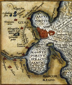 Der antike Hafen von Syrakus in Sizilien nach dem „Atlas“ von Abraham Ortelius
