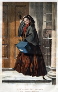Weihnachtsrennen: Eine elegante junge Frau klopft mit einem Paket in der Hand an die Tür eines Hauses (Illustration nach einer Zeichnung von Abraham Solomon)