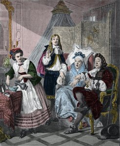 „Der eingebildete Kranke“ von Jean-Baptiste Poquelin genannt Molière (1622-1673): Szene 9, Akt II. Gravur nach dem Gemälde von Abraham Solomon (1824-1862) von 1861 von Abraham (after) Solomon
