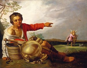 Hirtenjunge zeigt auf Tobias und den Engel von Abraham Bloemaert