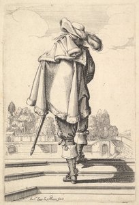 Ein Herr, von hinten gesehen, geht eine Brüstung hinauf, mit einem Umhang über der linken Schulter..., 1629