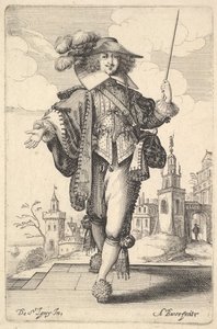 Ein Herr, der vorwärts geht, mit ausgestrecktem rechten Arm und einer Peitsche in der linken Hand, 1629 von Abraham Bosse