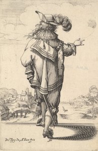 Ein Herr mit einem Federhut und einem Schwert, von hinten gesehen, sein rechter Arm ausgestreckt von Abraham Bosse
