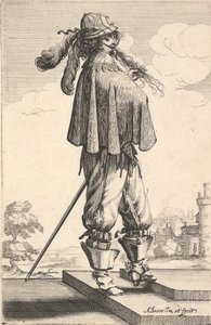 Ein Herr mit kurzem Mantel, Helm und Sporenstiefeln, stehend auf den Stufen und..., 1629