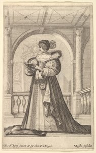 Eine Frau steht, nach links im Profil, trägt einen Hut und einen Spitzenkragen, liest..., ca. 1629 von Abraham Bosse