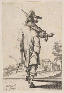 Herr von hinten gesehen, der auf ein Schloss zeigt, 1629