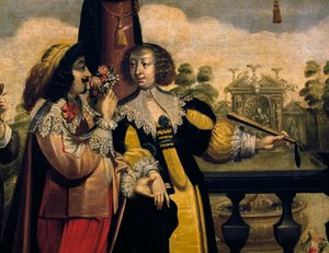 Der Geruchssinn, ca. 1635, von Abraham Bosse (1604-1676), nach einem Gemälde aus einer Serie von 5 von unbekanntem Künstler, Detail, Frankreich