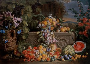 Stillleben mit Kirschen, Wassermelone, Pfirsichen, Aprikosen, Pflaumen, Granatäpfeln und Figuren von Abraham Brueghel