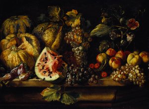 Stillleben mit Wassermelone, Trauben, Pflaumen, Pfirsichen, Kirschen und anderem Obst auf einem Sims