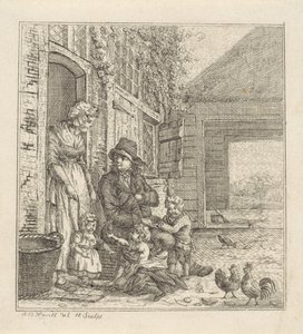 Mann und Frau mit Kindern bei einer Türöffnung von Abraham Bruinings Worrel