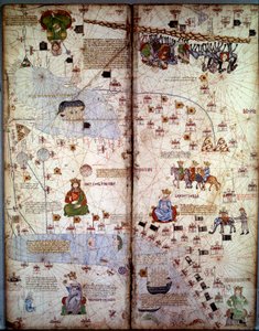 Kartografie: Karte von Cathay (Catai), alter Name von Mongolisch-China in Zentralasien und Europa. Es gibt: Delhi (Indien), mit dem Aralsee, dem Fluss Wolga, dem Kaspischen Meer, dem Kaukasus, Euphrat, der Arabischen Halbinsel und den Städten Dehli (Indien