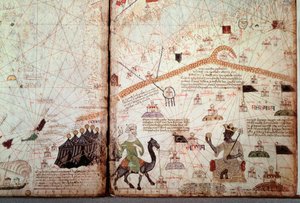 Die Meerenge von Gibraltar und Nordafrika markiert die Flaggen der Mauren, rechts der König von Mali Kanga Moussa (Kankou Moussa, oder Kankan Moussa oder Mansa Moussa), zeigt den Goldenen Globus. Detail des Katalanischen Atlas (Katalanische Karte) illumini