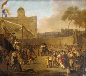 Eine Menschenmenge beobachtet eine Bärenhetze auf einem Stadtplatz von Abraham Danielsz. Hondius