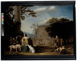 Eine bewaldete Landschaft mit Jägern und ihren Tieren, die an einem Wasserplatz rasten von Abraham Danielsz. Hondius